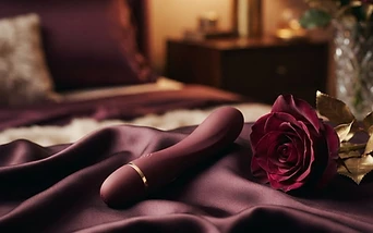 An elegant beginner intimate product on dark silk beside a rose