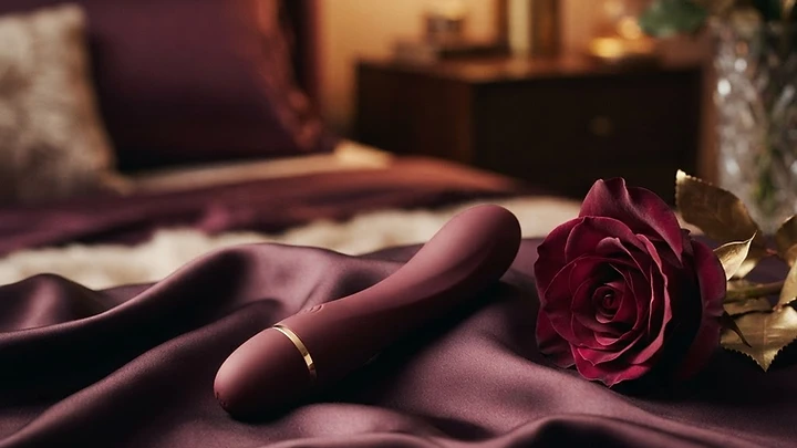 An elegant beginner intimate product on dark silk beside a rose