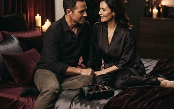 A couple in intimate conversation on dark satin bedding
