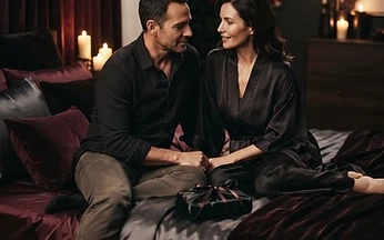A couple in intimate conversation on dark satin bedding