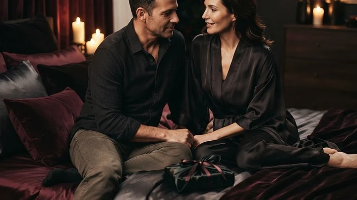 A couple in intimate conversation on dark satin bedding