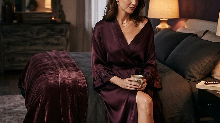 A woman in a silk robe sitting at the edge of a bed in warm light