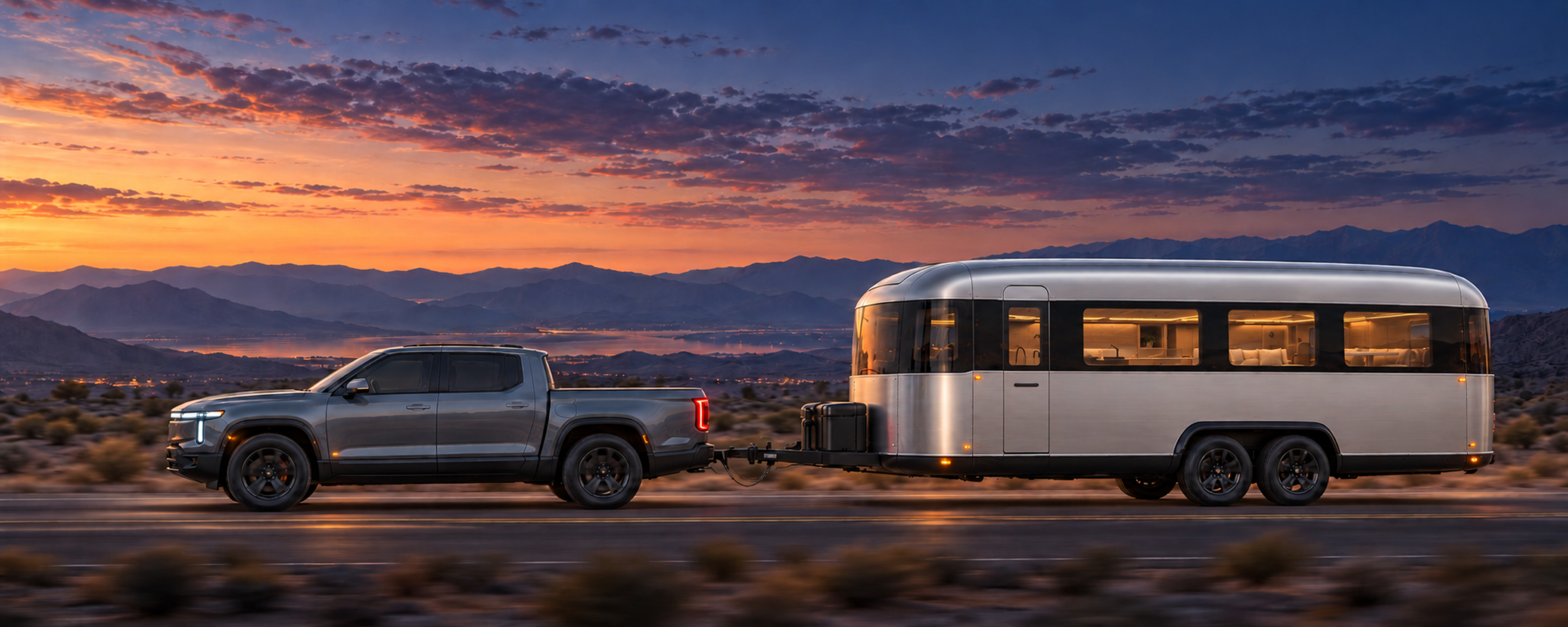 Computer-generated side-profile dusk visualization of a generic electric pickup towing the rounded, neutral brushed-silver LUMOS ONE travel trailer on a desert highway, its warm residential interior glowing through the glazing band, with a slim flush entry-door handle and a clean uninterrupted roofline.