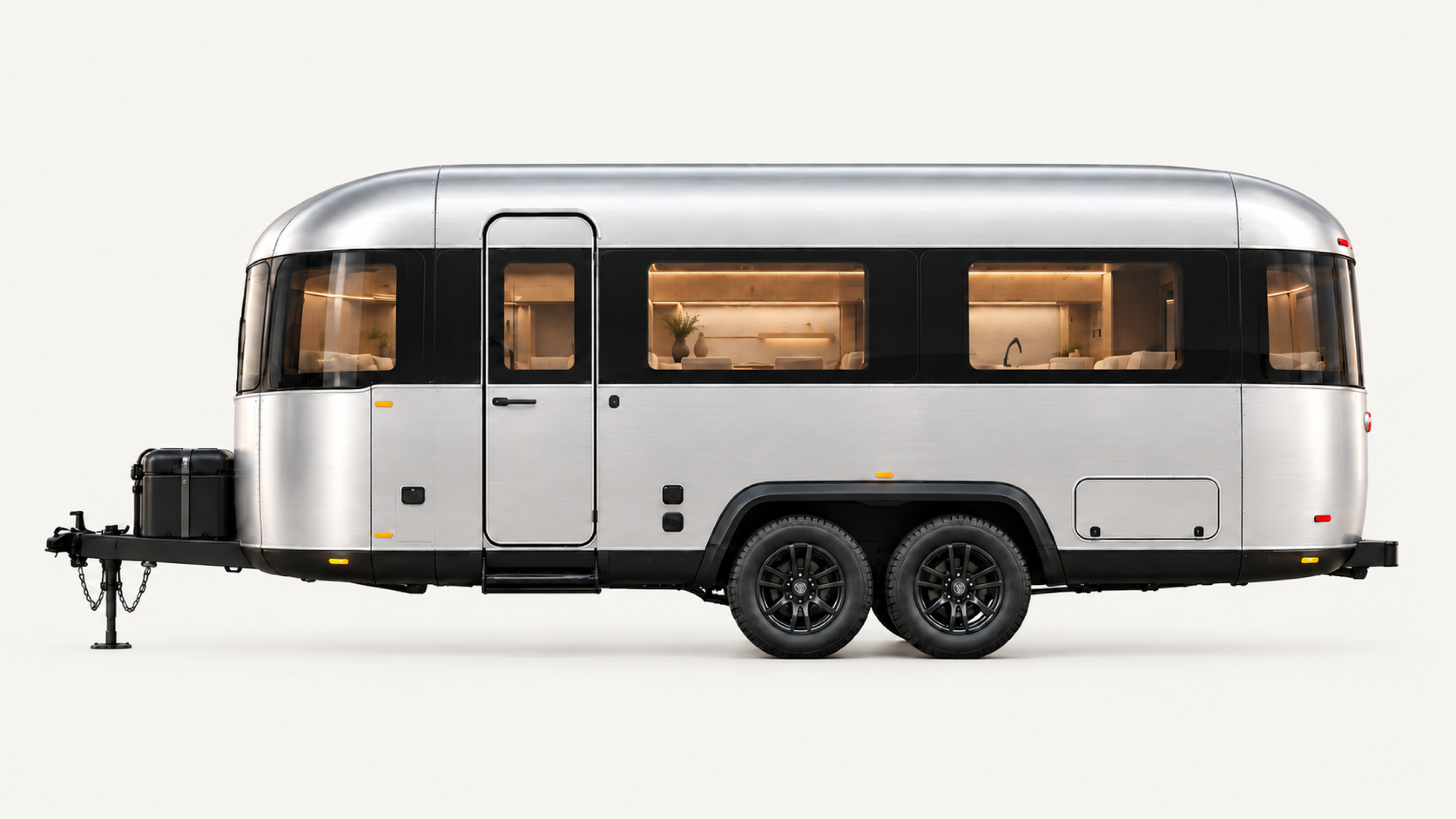 LUMOS ONE travel trailer in complete side profile, showing the rounded neutral brushed-silver aluminum body with black lower trim, its continuous dark glazing band revealing a warm residential interior with light oak cabinetry and cream lounge upholstery, a slim flush entry-door handle, the black A-frame hitch with utility box, jack and safety chains, tandem black wheels, and a clean uninterrupted roofline.