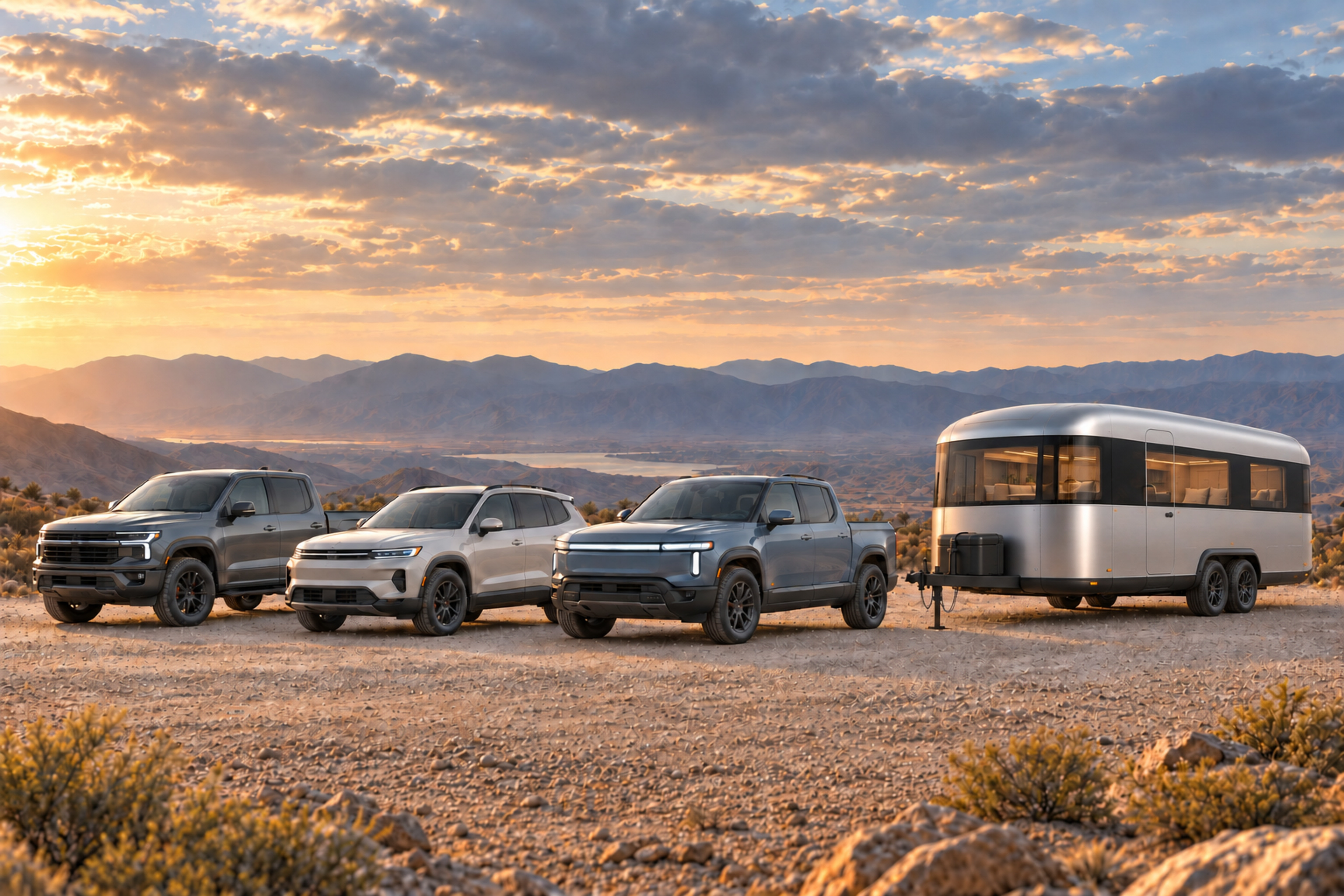 Computer-generated visualization of three tow-vehicle types — a conventional pickup, an SUV, and an electric pickup — parked alongside the rounded, neutral brushed-silver LUMOS ONE travel trailer, whose warm residential interior shows through the glazing and whose flush entry-door handle and clean uninterrupted roofline are visible, demonstrating gas, hybrid, and electric compatibility.