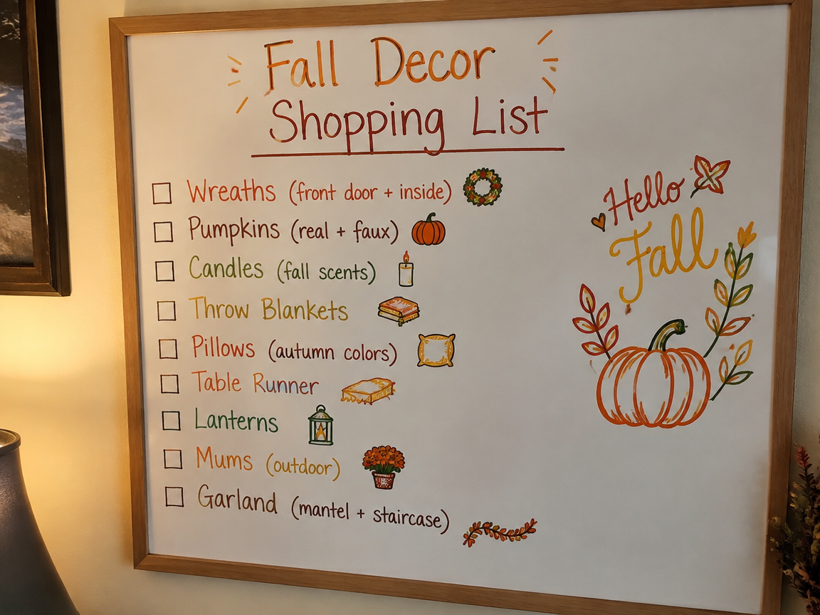 Fall decor shopping list whiteboard with item drawings and names