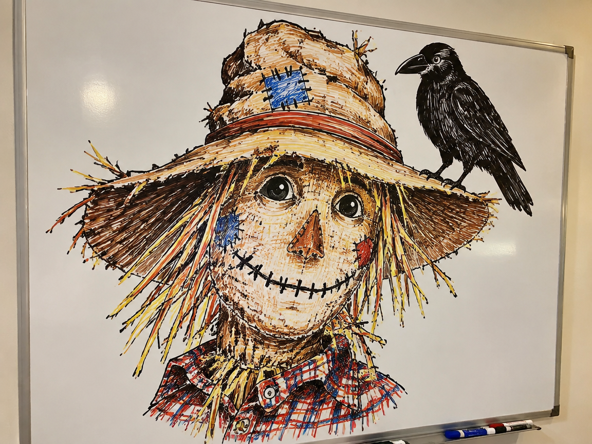 Scarecrow portrait whiteboard with stitched patches straw hat and crow