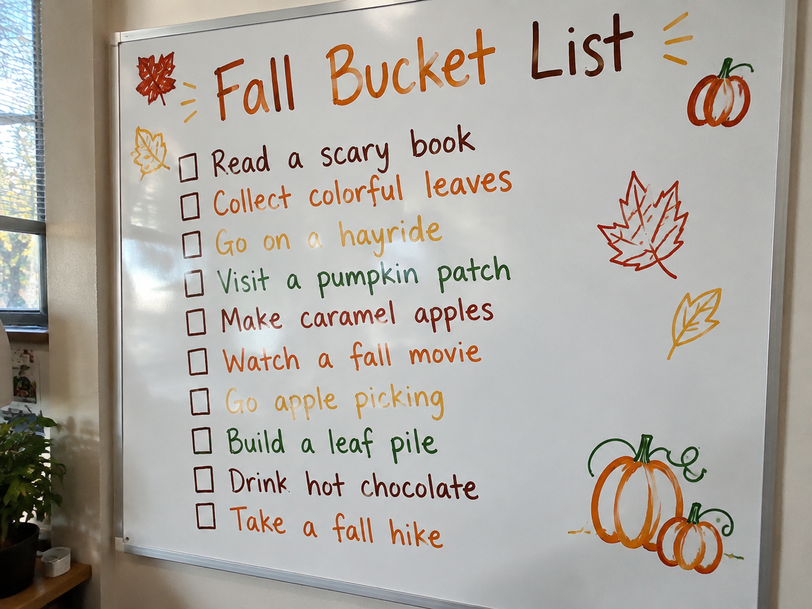 Fall bucket list classroom whiteboard with checkable activities