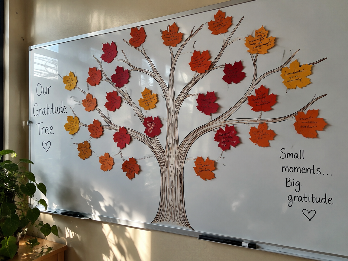 Thankful tree whiteboard with colorful leaf notes from students