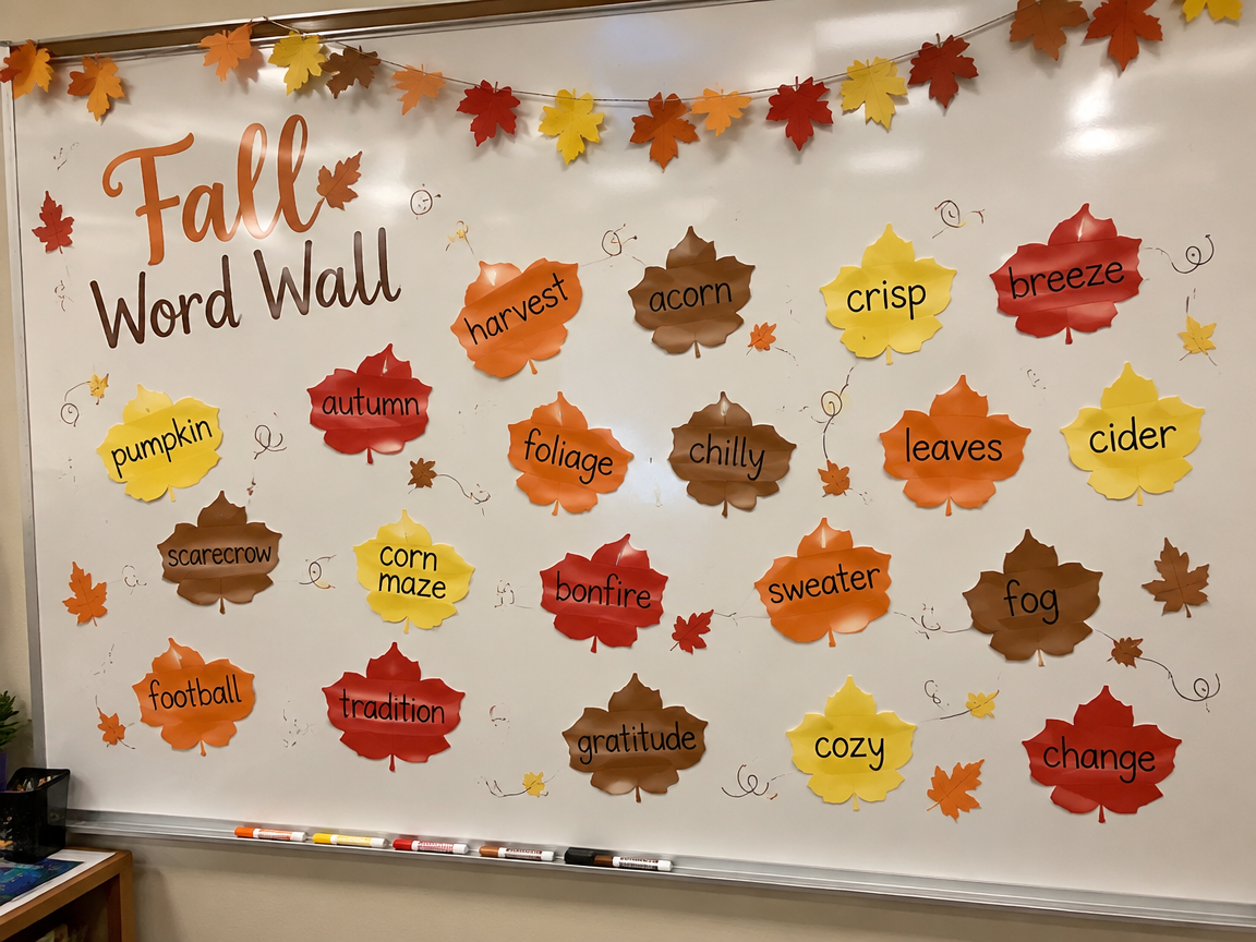 Fall word wall whiteboard with vocabulary words on leaf cards