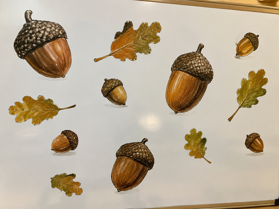 Acorn collection display whiteboard with scattered acorns and oak leaves