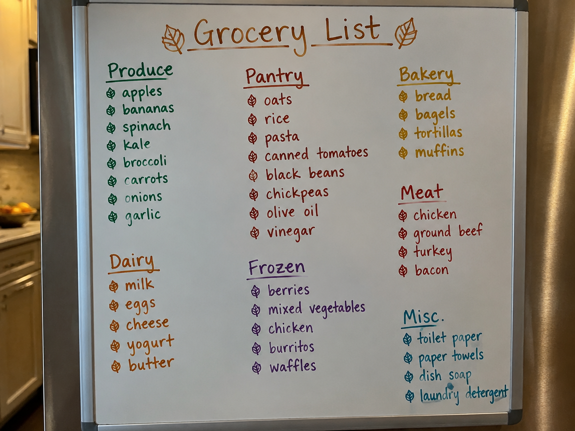 Grocery list whiteboard with fall leaf doodles as bullet points