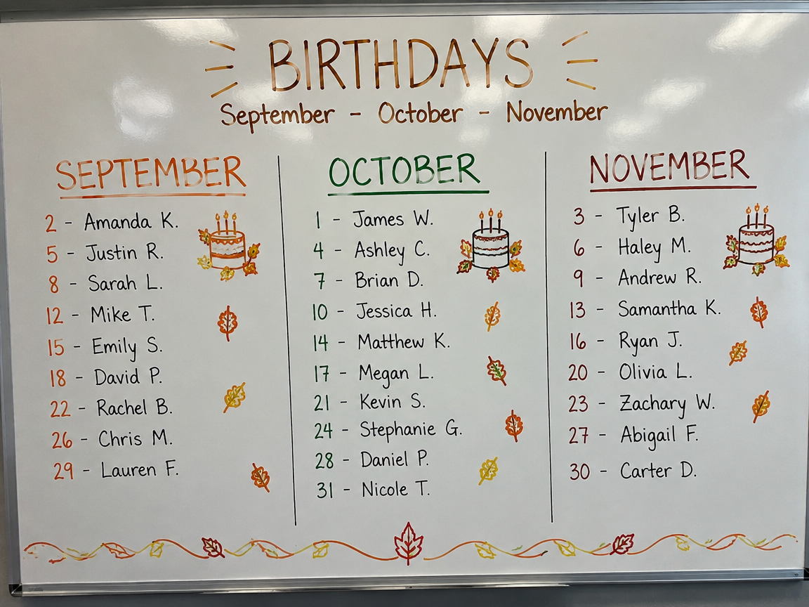Team birthday calendar whiteboard for fall months with cake markers