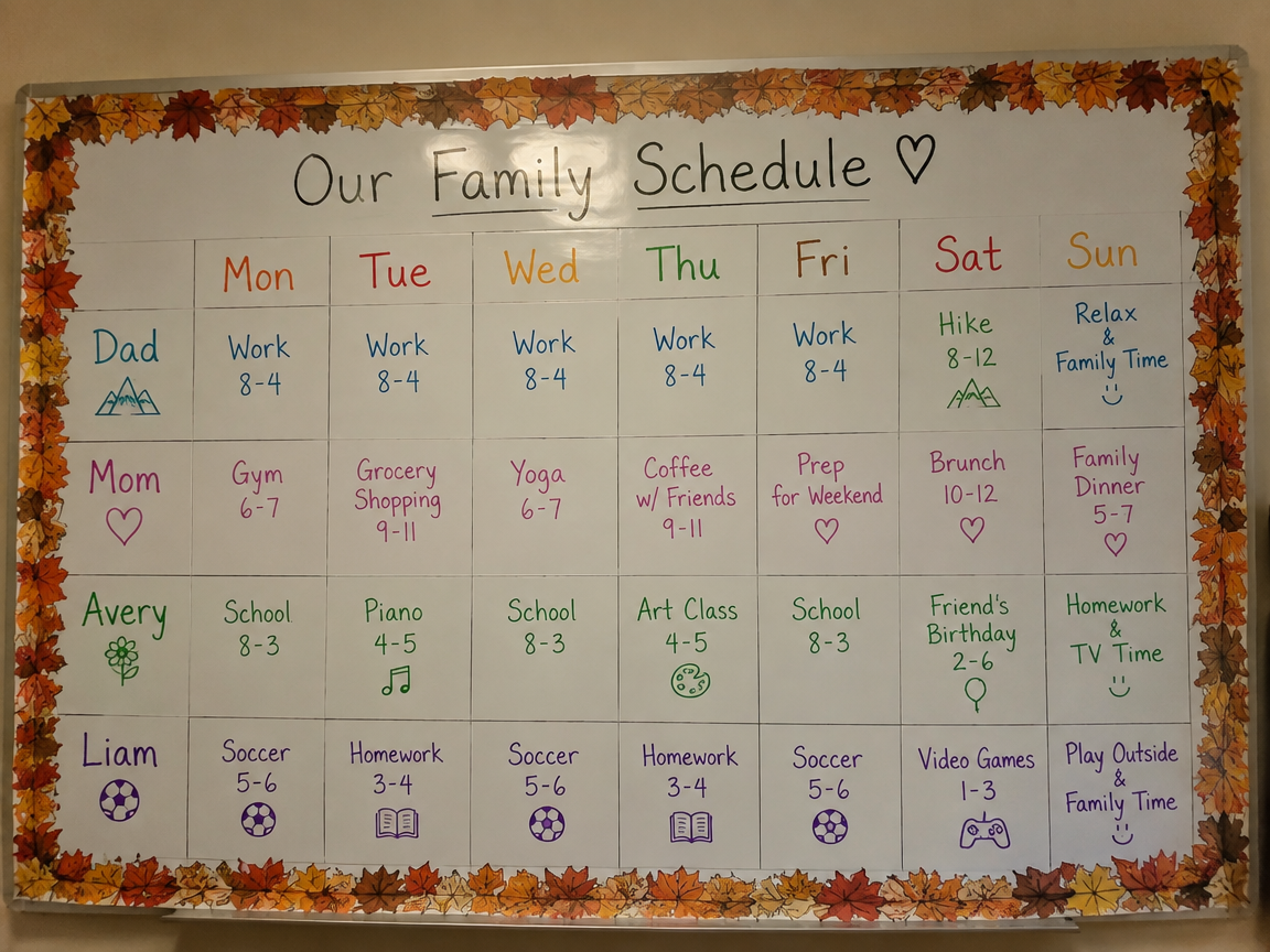 Family schedule whiteboard with fall leaf border and color-coded activities
