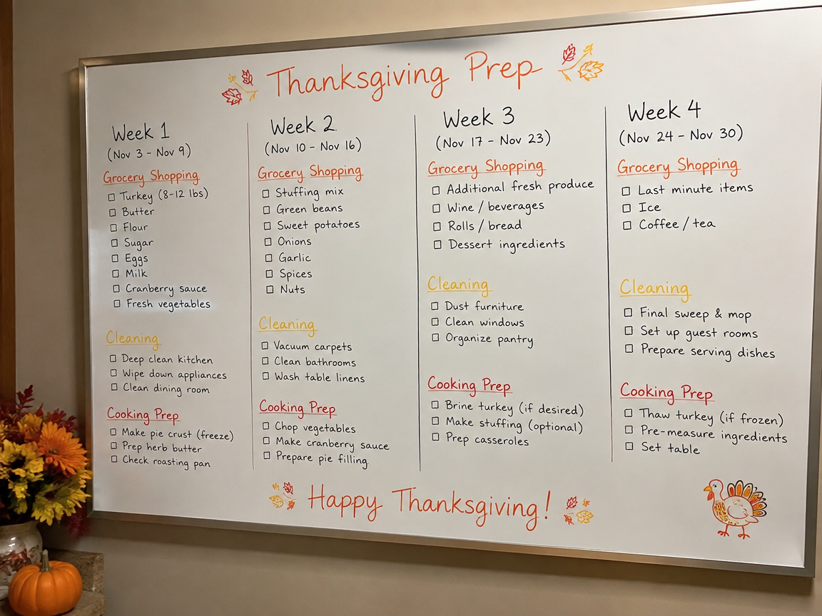 Thanksgiving prep timeline whiteboard with weekly task breakdown