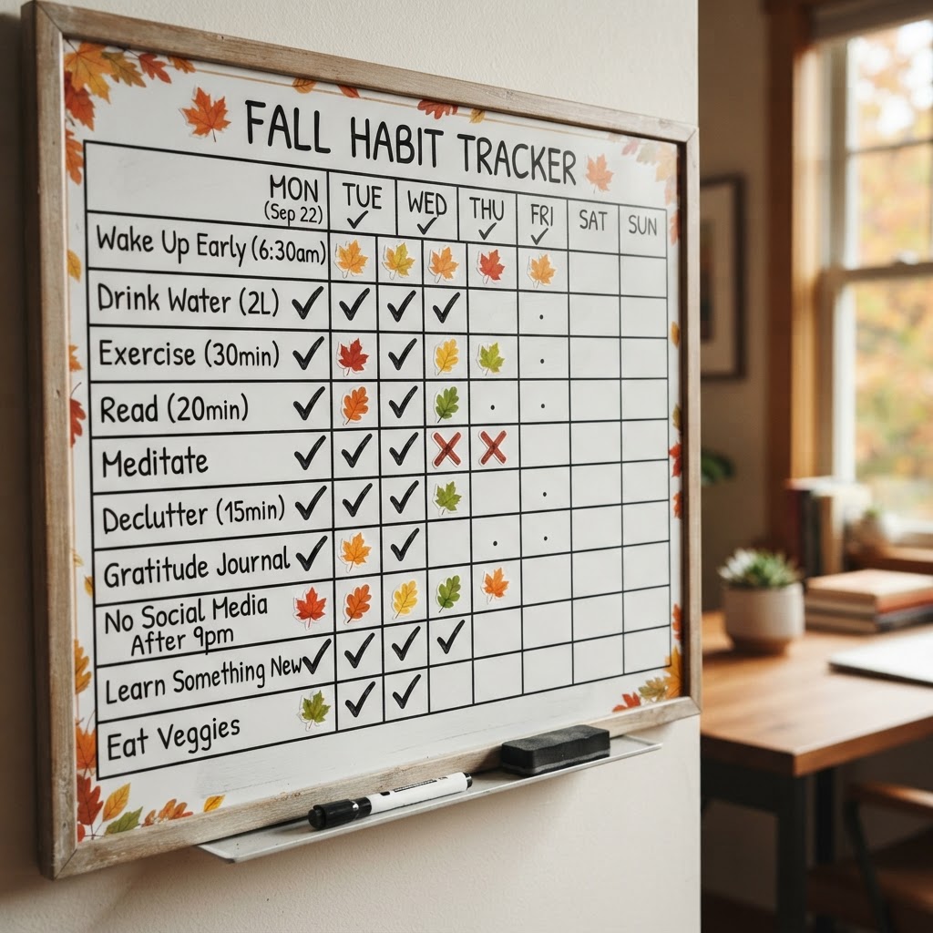 Fall habit tracker whiteboard with grid and leaf markers
