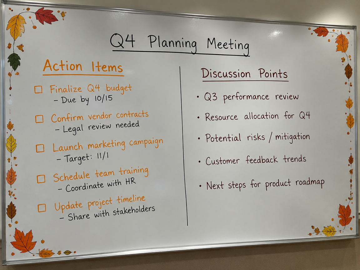Meeting notes whiteboard with fall leaf border and color-coded points