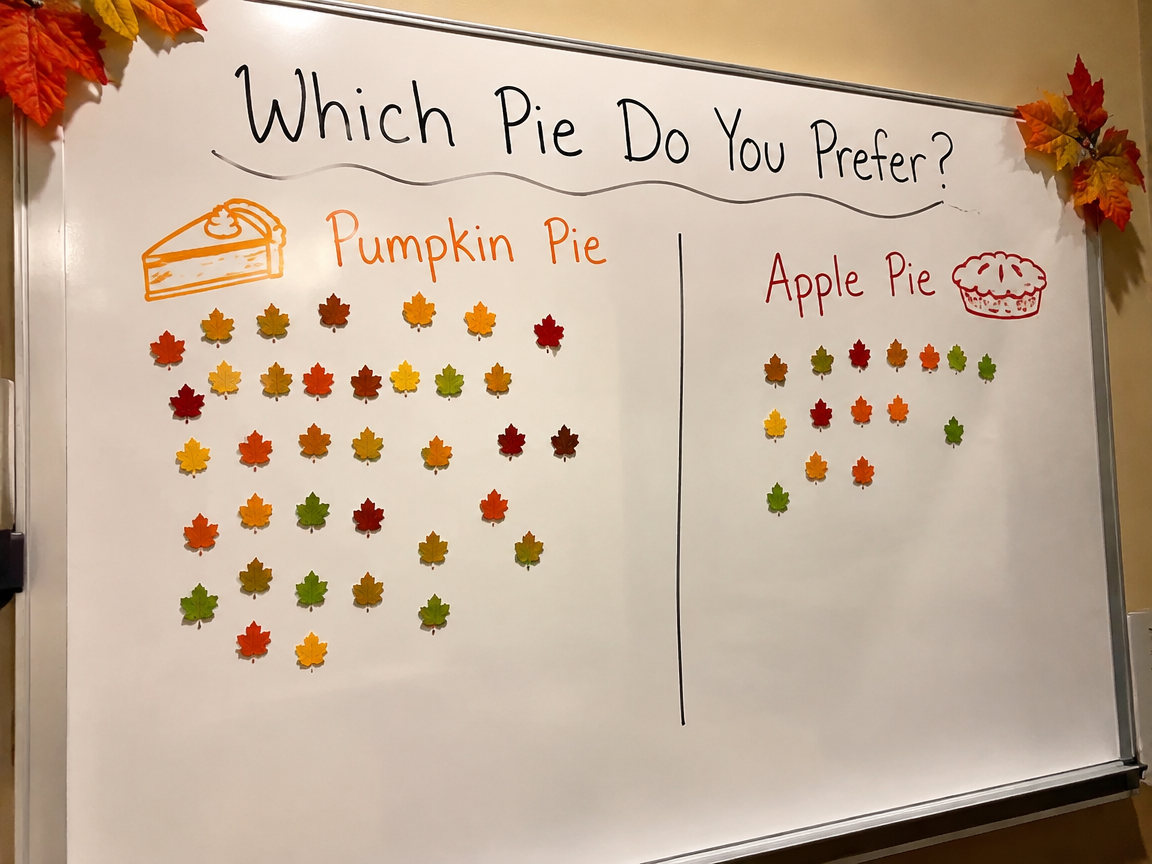 Interactive leaf voting whiteboard with pumpkin pie vs apple pie poll