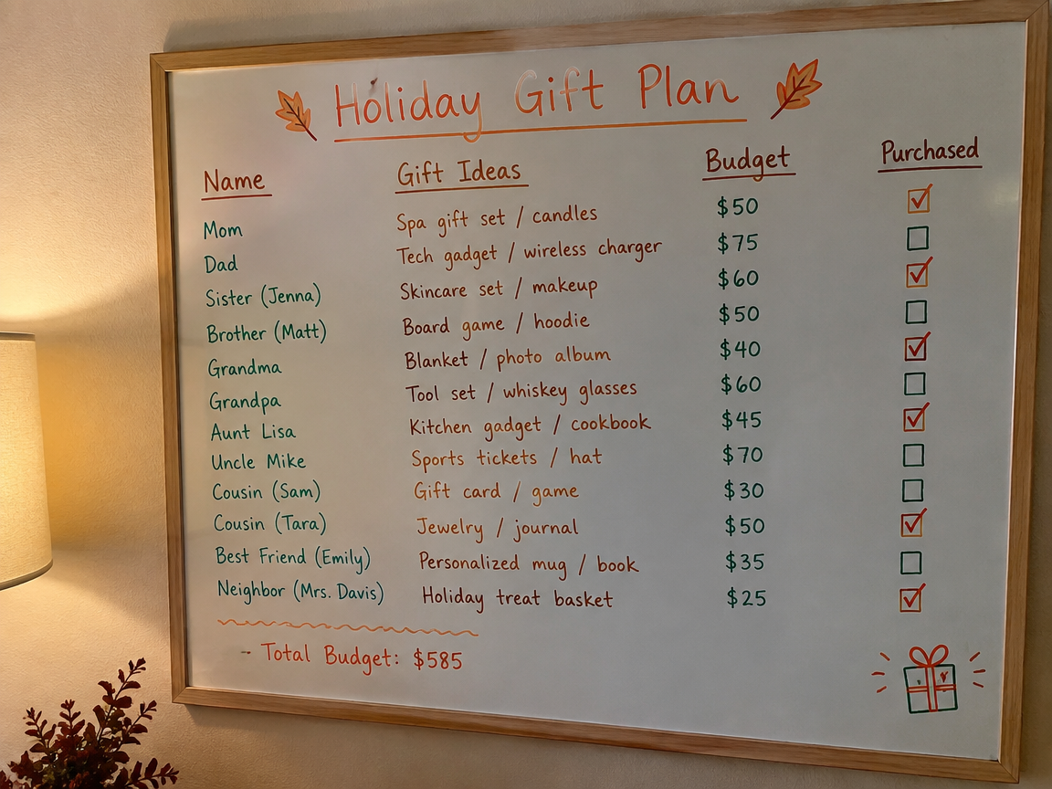 Holiday gift planning whiteboard with names ideas and budget column