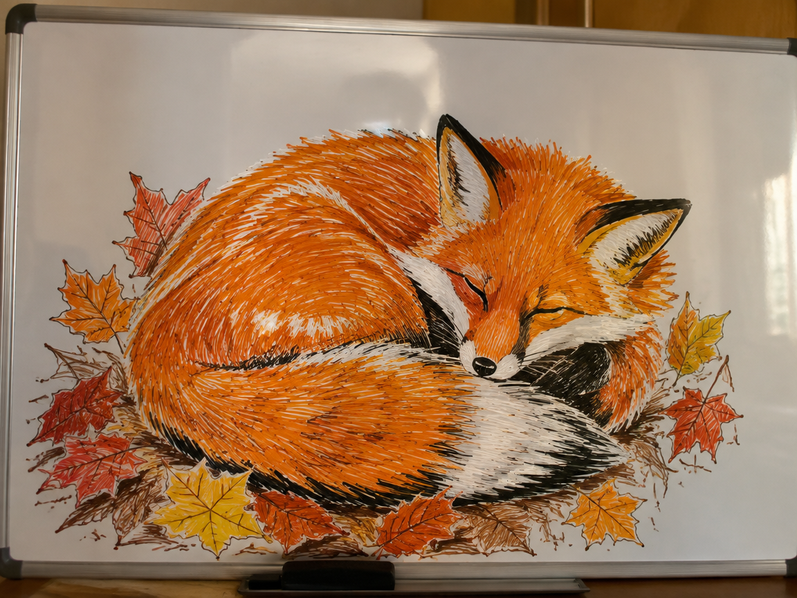 Fox in autumn woods whiteboard drawing curled up among fallen leaves