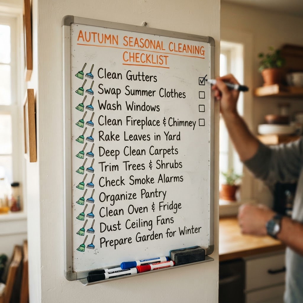 Fall cleaning checklist whiteboard with broom and rake icons