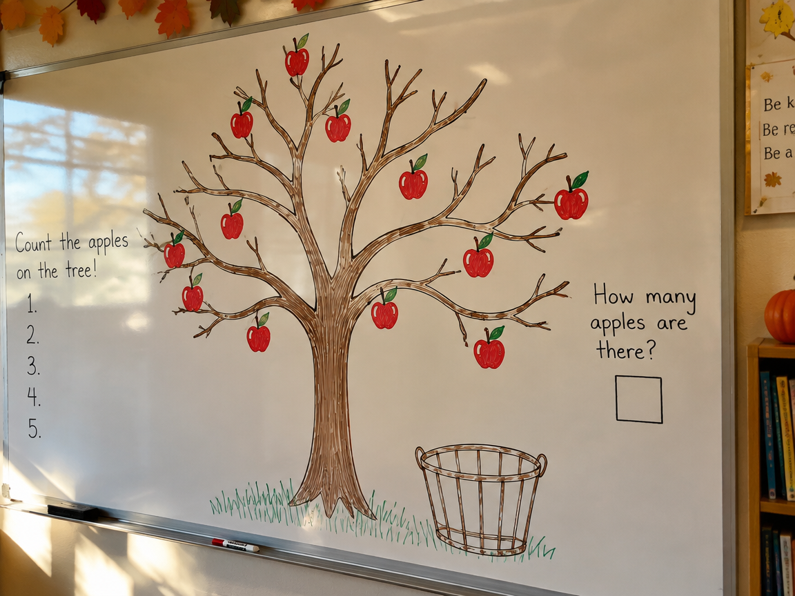 Apple picking counting game whiteboard with tree and basket
