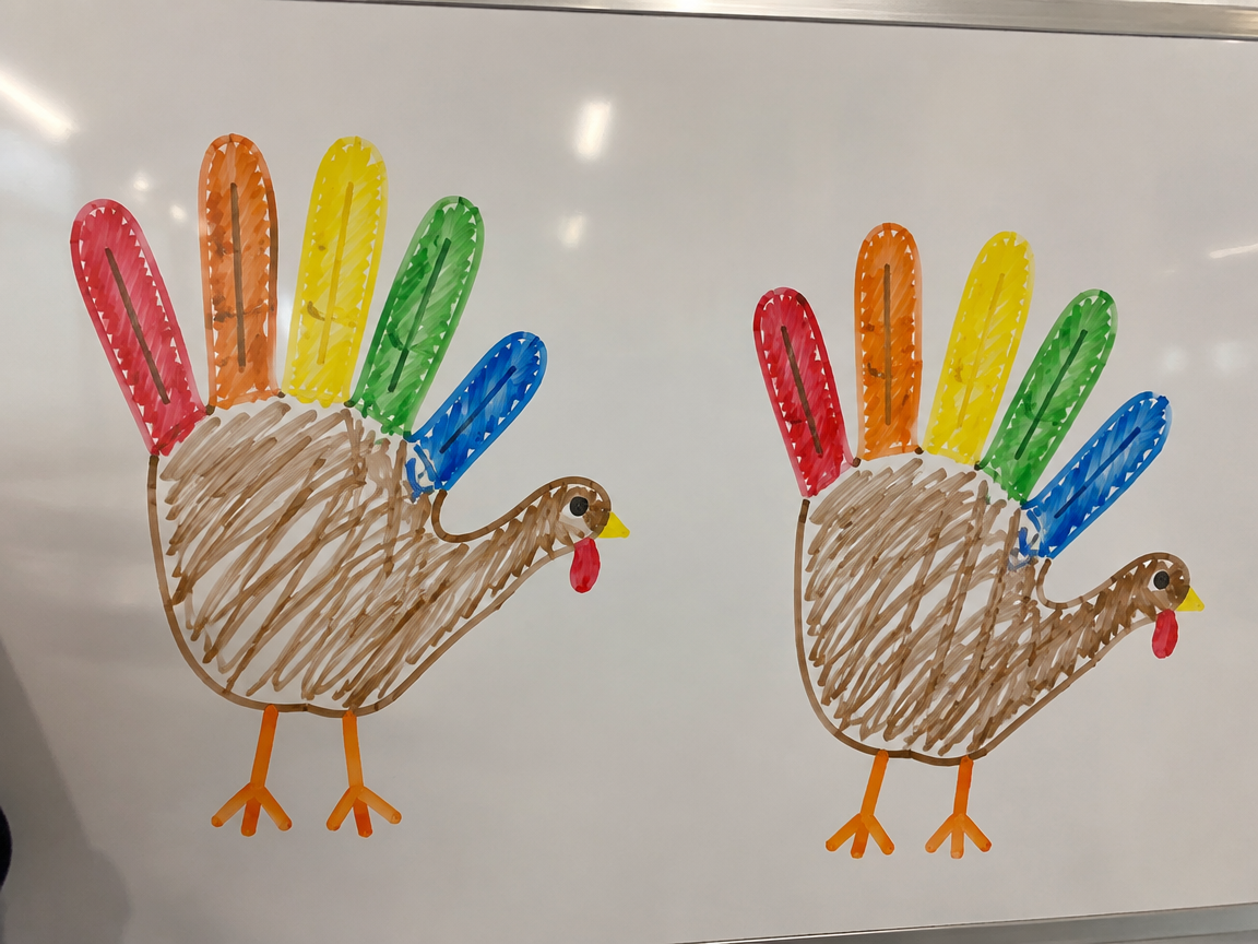 Turkey handprint art whiteboard with traced hands turned into turkeys
