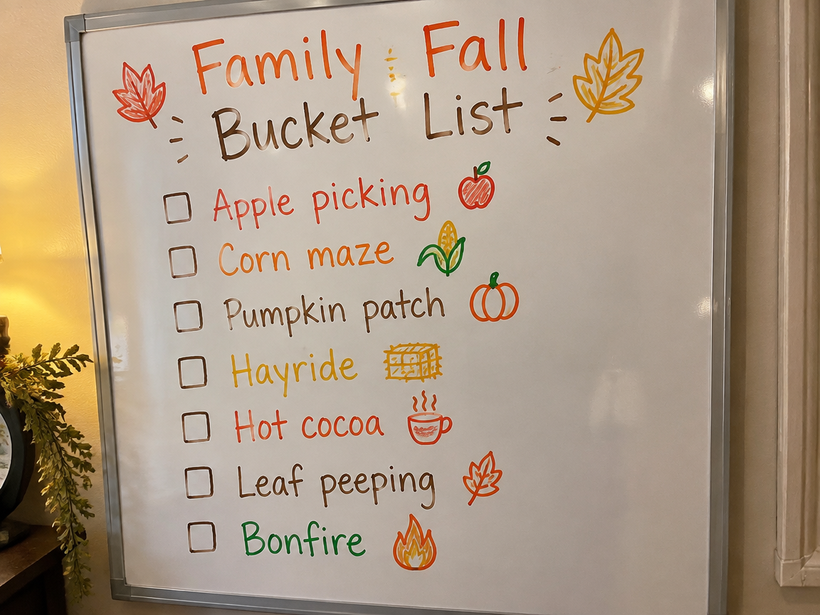 Family fall bucket list whiteboard with checkboxes for activities