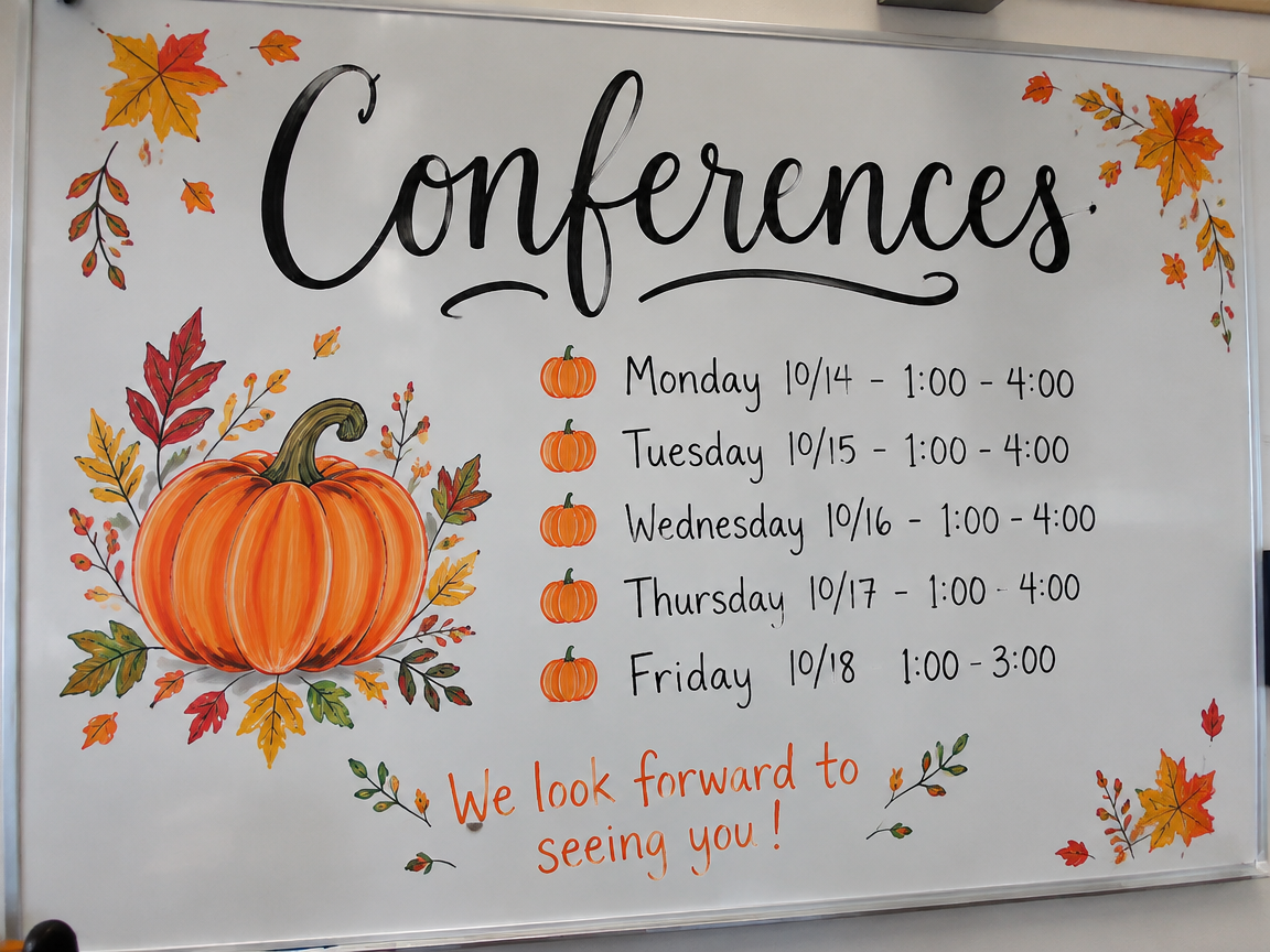 Parent-teacher conference whiteboard with fall scene and schedule