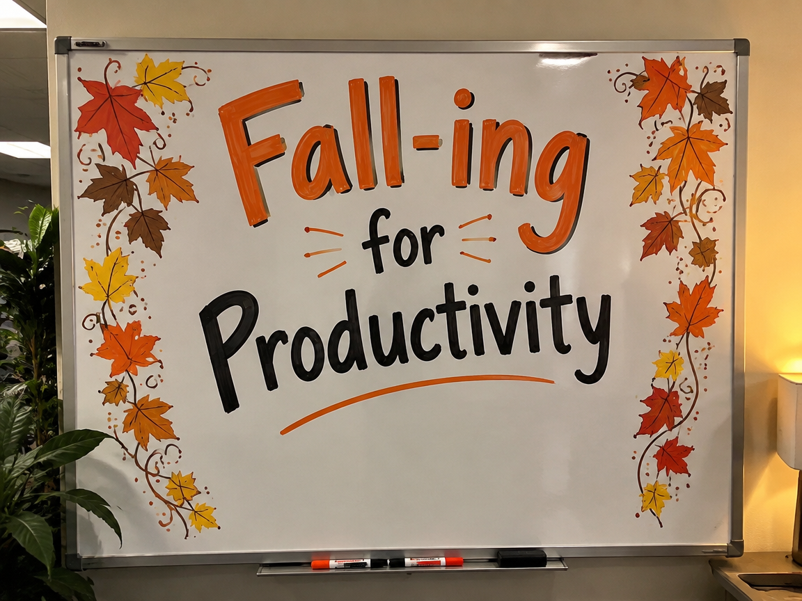 Fall-ing for productivity header whiteboard with cascading leaves