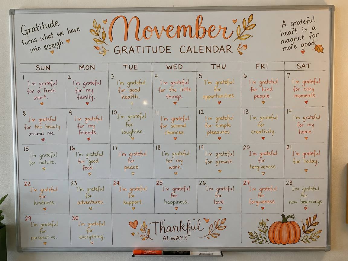 November gratitude calendar whiteboard with daily prompts