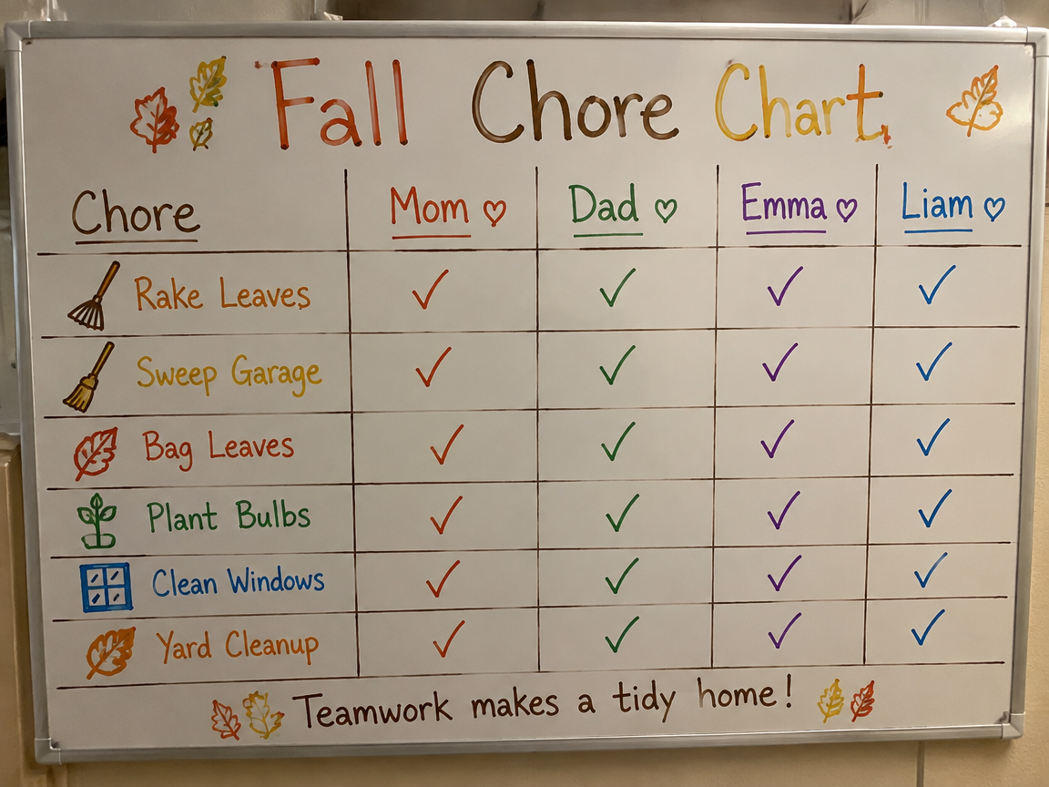 Fall chore chart whiteboard for family with seasonal icons