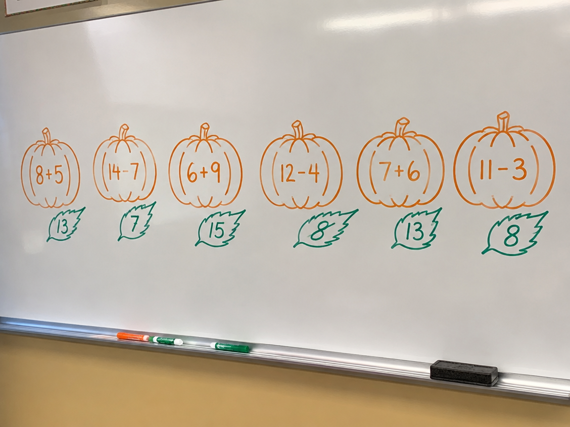 Pumpkin patch math whiteboard with problems on each pumpkin