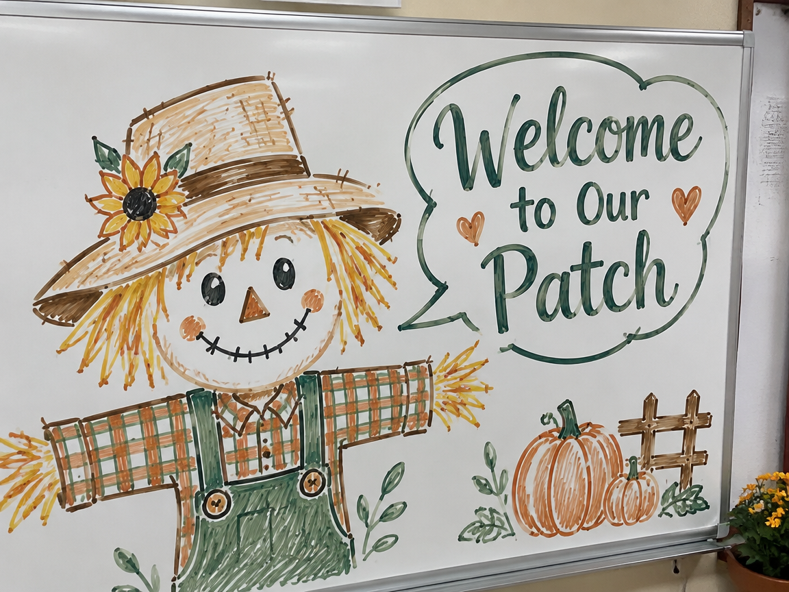 Friendly scarecrow welcome whiteboard with plaid shirt and straw hat