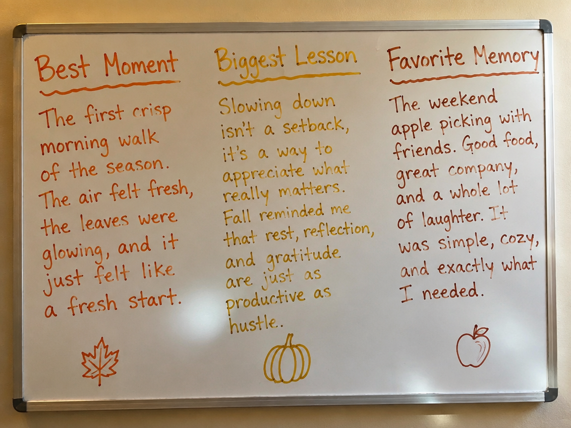 End of fall reflection whiteboard with best moment lesson and memory sections