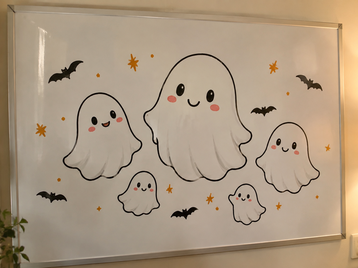 Ghost family doodle whiteboard with cute smiling floating ghosts