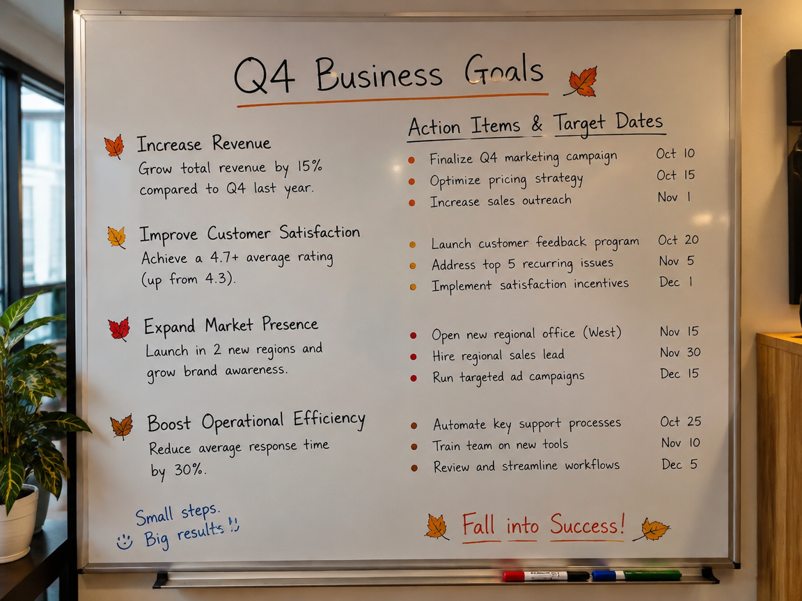 Q4 goals whiteboard with fall bullet points and action items