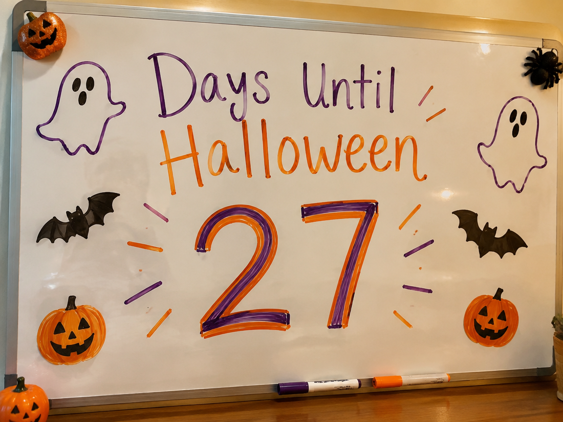 Halloween countdown whiteboard with spooky decorations and number