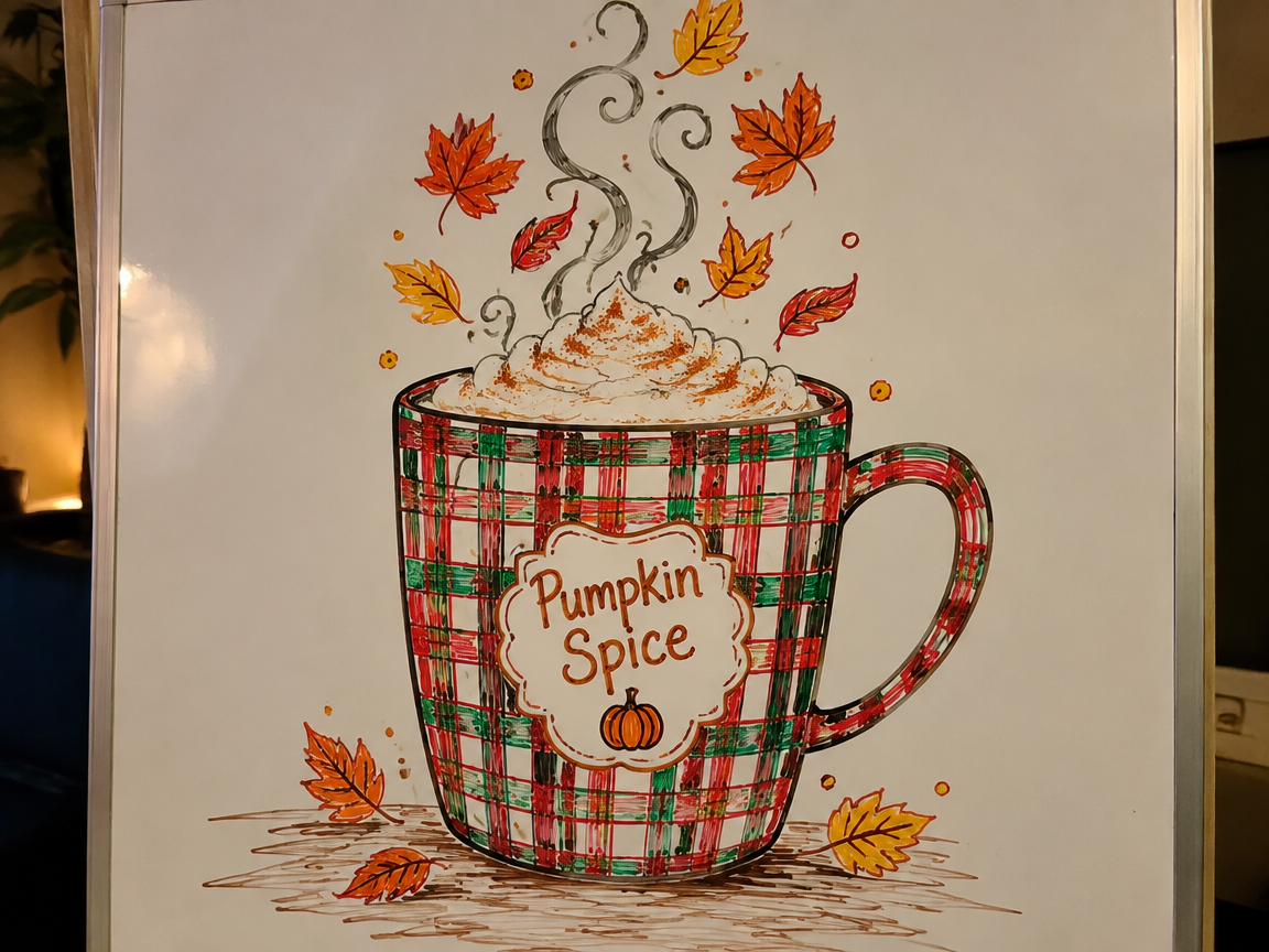 Coffee cup with falling leaves whiteboard drawing and steaming autumn design