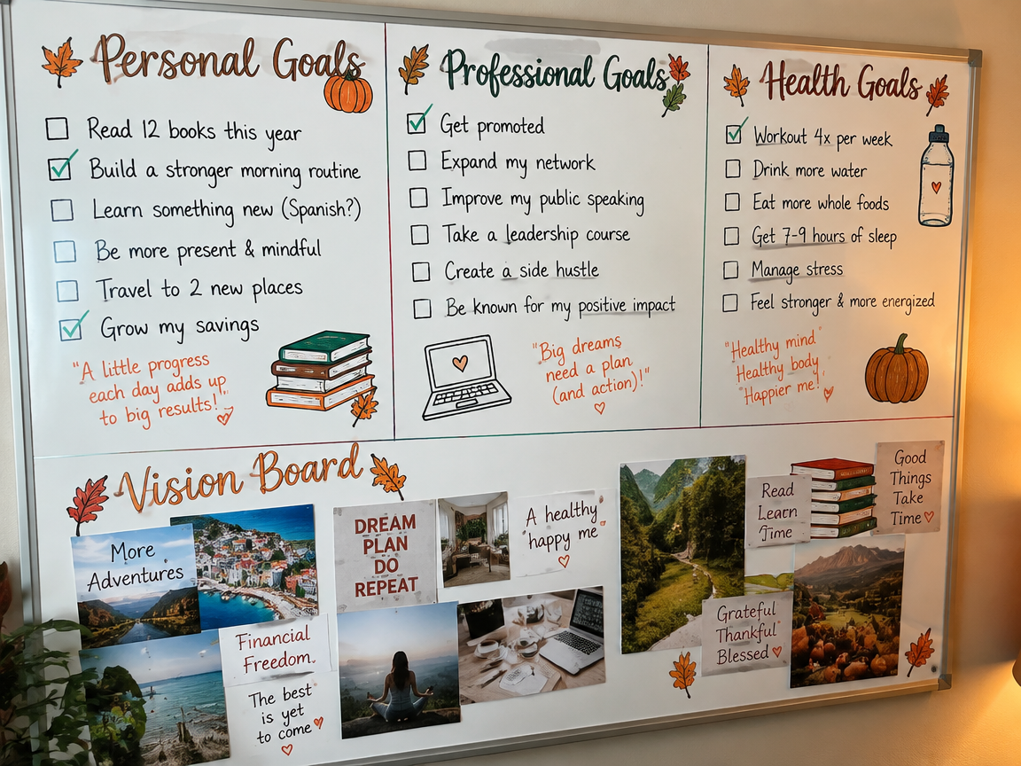 Fall goals vision board whiteboard with personal professional and health sections