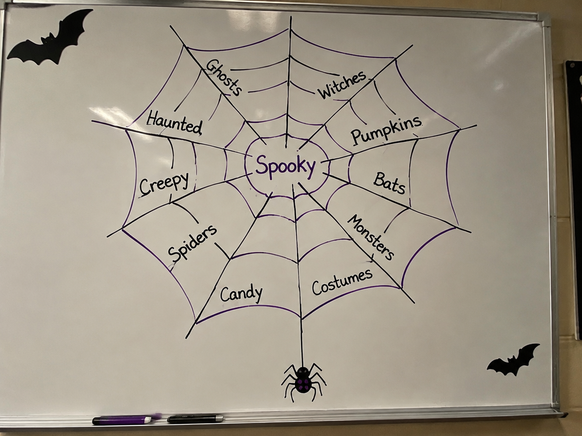 Spider web spelling words whiteboard with purple and black markers
