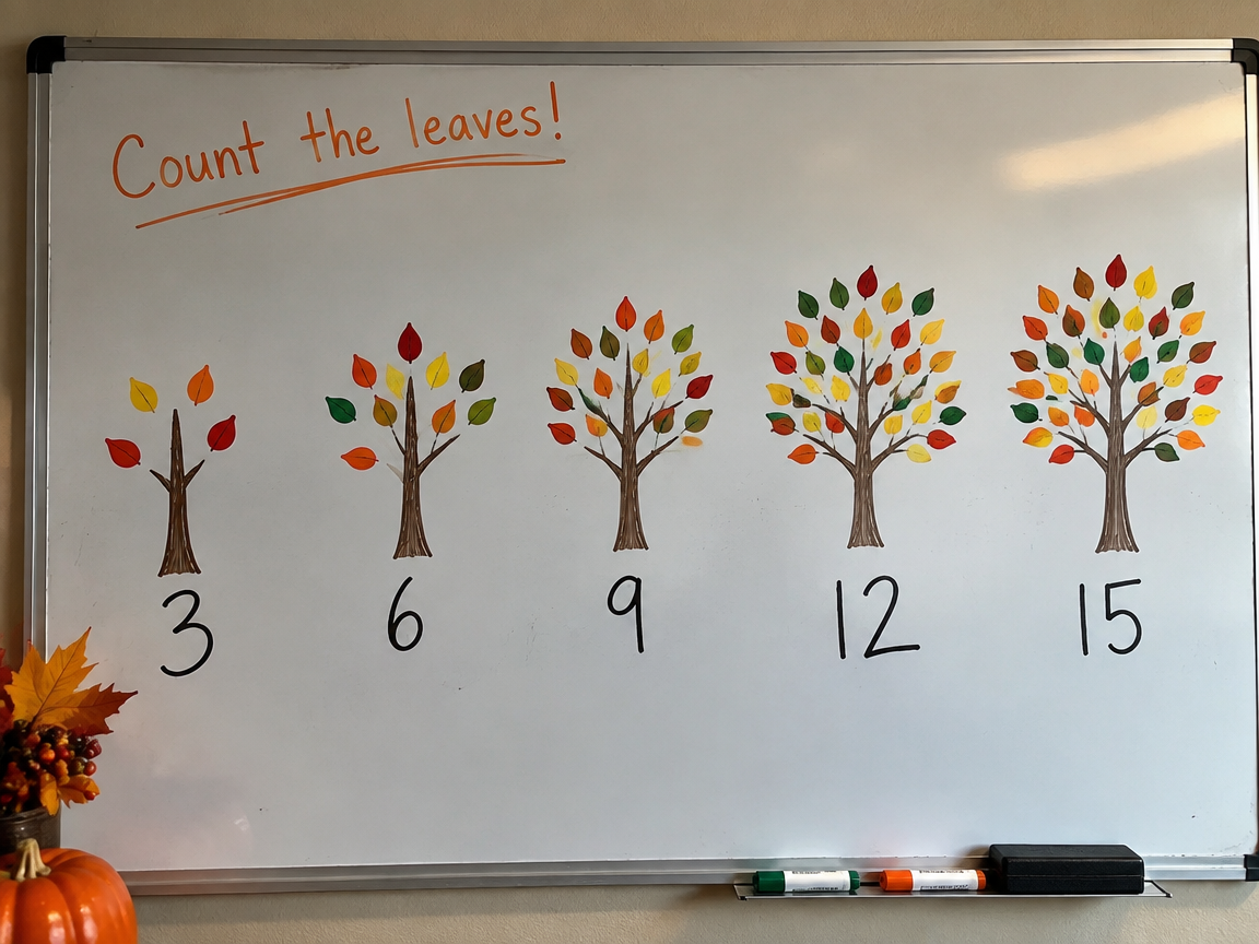 Leaf counting station whiteboard for early math practice