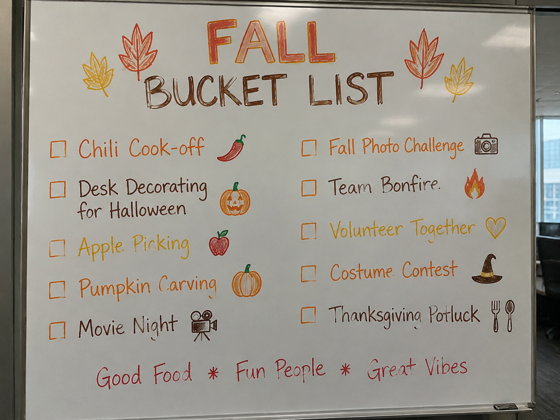 Office fall bucket list whiteboard with team activity ideas