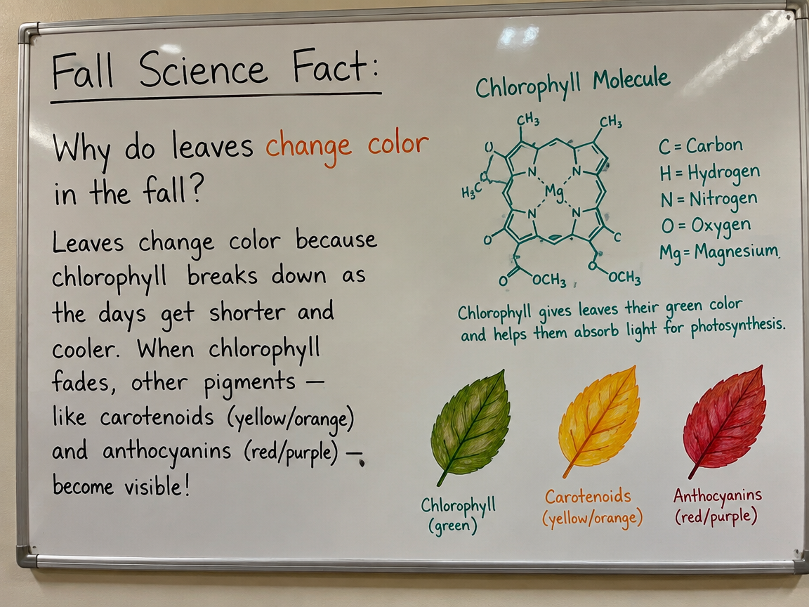 Fall science facts whiteboard with drawings about leaf color changes