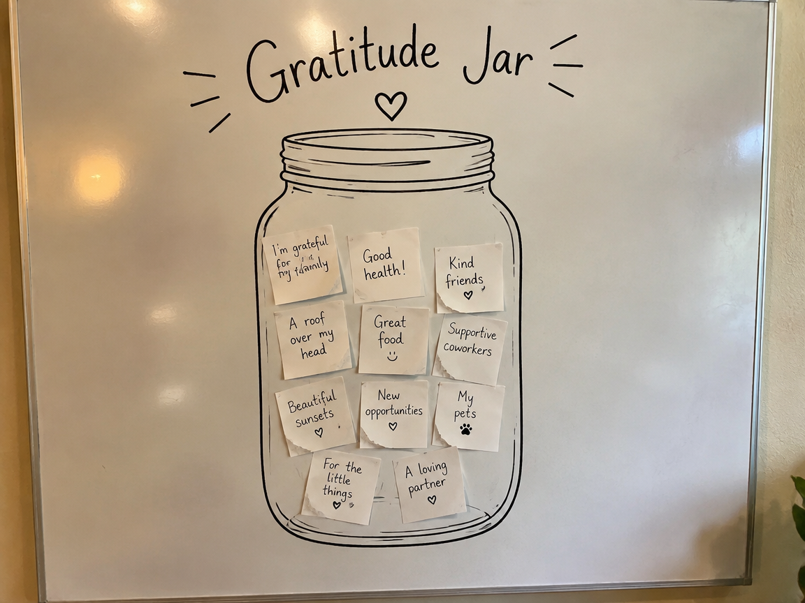 Gratitude jar drawing whiteboard with mason jar and thankfulness slips