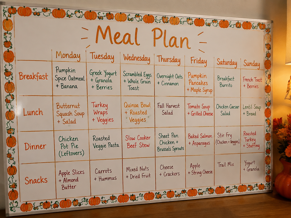 Weekly fall meal planner whiteboard with pumpkin border