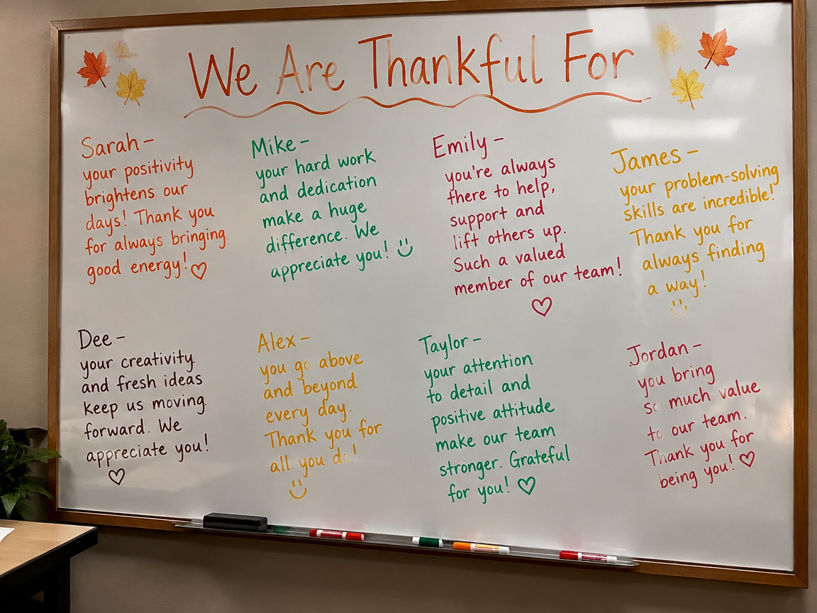 Team fall appreciation whiteboard with coworker shoutout notes