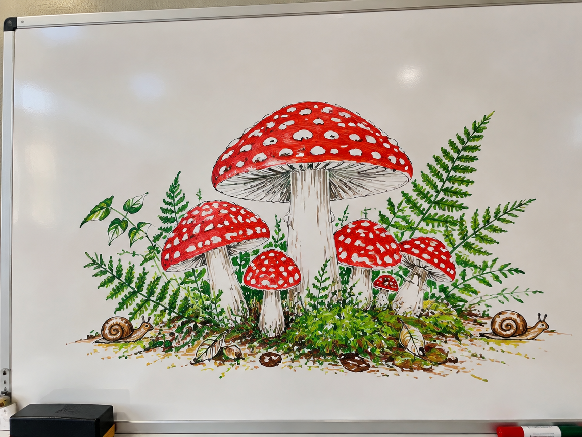 Mushroom garden scene whiteboard with red spotted mushrooms and snails