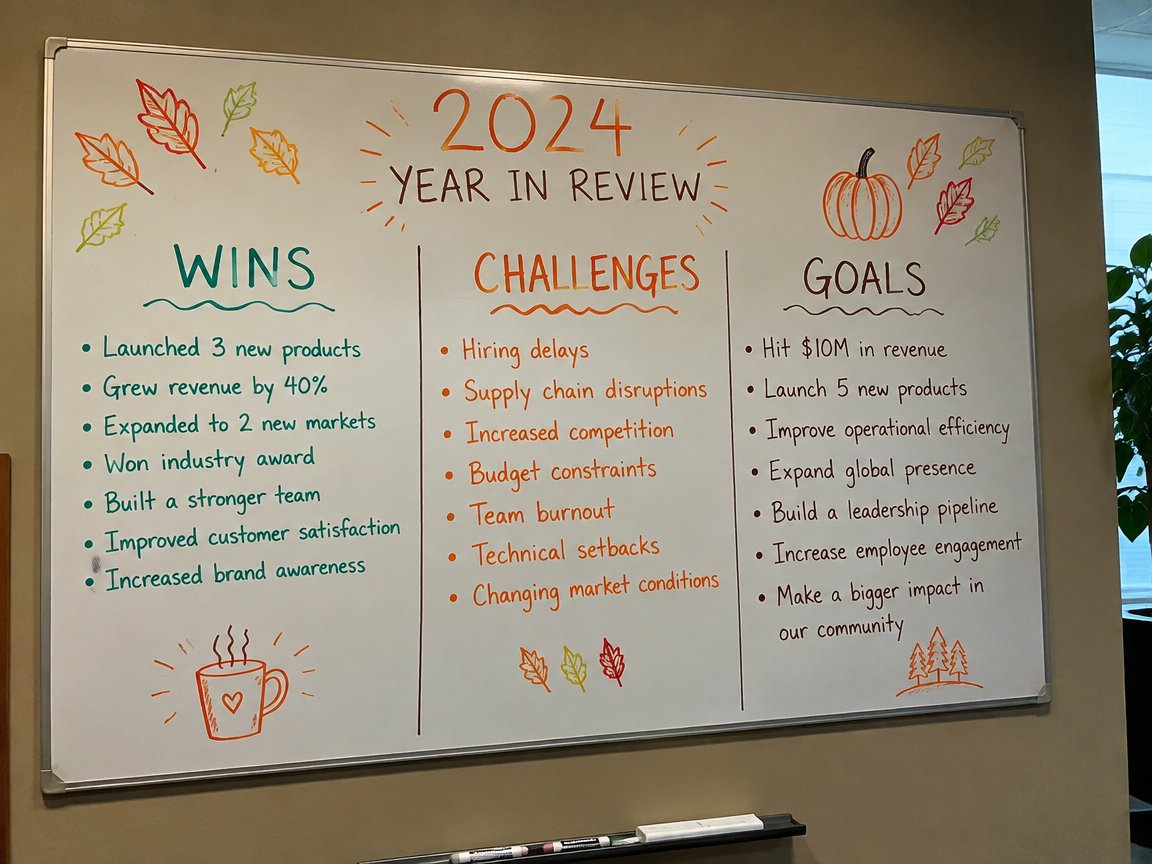 End of year review whiteboard with wins challenges and goals sections
