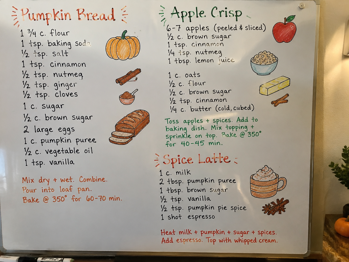 Pumpkin spice recipe whiteboard with ingredient doodles and recipes